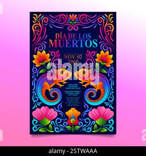 Day of the Dead Flyer, mexikanische Blumenkunst mit Chamäleon-Design in Regenbogen Stock Vektor
