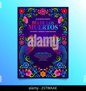 Flyer für Dia de Muertos. Mexikanische Blumenstickerei mit Volkskunst Vögel Vektor-Illustration Stock Vektor