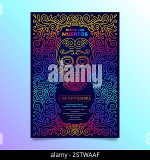 Day of the Dead Flyer, Dia de Los Muertos Sugar Skull mit mexikanischem Rahmen Stock Vektor
