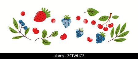 Abbildung verschiedener Beeren, einschließlich Erdbeeren, Heidelbeeren, Kirschen und Blätter in flacher Form. Eine frische und natürliche Komposition. Stock Vektor