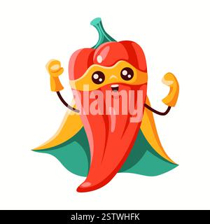 Roter Paprika-Superheld mit gelber Maske und grünem cape, beugt Muskeln. Ein dynamischer und verspielter Charakter, der Stärke, Energie und Fu repräsentiert Stock Vektor