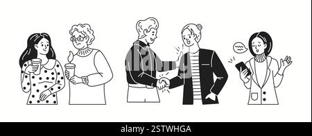 Büromitarbeiter arbeiten an der linearen Sammlung von Symbolen für Kommunikation. Die Leute sprechen und senden Nachrichten während der Pause Kritzelnde Zeichen auf weiß Stock Vektor