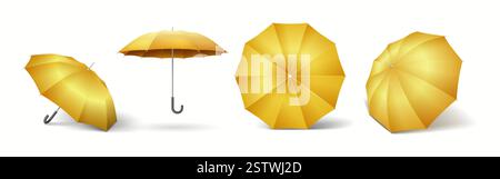 Gelbe Sonnenschirme in verschiedenen Positionen realistische Farbsymbole gesetzt. Modellschirme für regnerisches Wetter und Versicherung 3D-Objekte bündeln sich auf weiß Stock Vektor