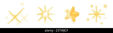 Gelbe Pixelsterne auf weißem Hintergrund. Vektor-Cartoon-Illustration der alten 8-Bit-Software-Ikone, Retro-Messenger-Emoji, Arcade-Design-Elemente im Stil der 80er Jahre, Feuerwerk funkelt, Boom-Effekt Stock Vektor
