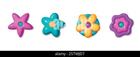 Y2K 3d Blumensammlung mit glänzender Kunststoffästhetik. Leuchtend rosa, türkis, gelbe und lila Blüten mit abgerundeten Blütenblättern. Digitale Retro-Elemente für nostalgisches Grafikdesign und Websymbole. Stock Vektor