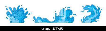 Blaues 3D-Wasserspritzer-Design mit mehrschichtigen Wellen, fließenden Kurven und dynamischen Tröpfchen. Aquatischer Bewegungseffekt von gestapelten Blättern. Klare, moderne Grafik für Sommeraktionen und Getränkepaket. Stock Vektor