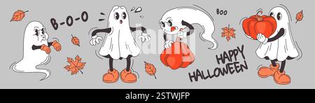 Groovige Geisterfiguren im verspielten Halloween-Set. Cartoon-Gespenster mit verschiedenen Emotionen, die Kürbisse inmitten fallender Ahornblätter halten. Retro-inspirierte festliche Illustration für saisonale Grußkarten. Stock Vektor