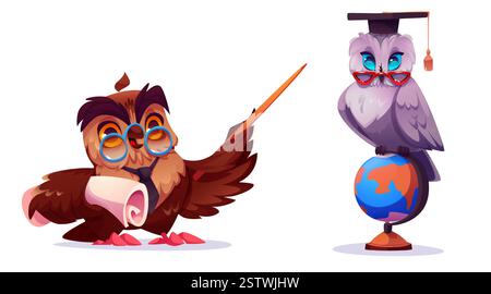 Niedliche Zeichentrickeulen-Lehrer-Charaktere mit pädagogischen Gegenständen - brauner Professor mit Zeiger mit Schriftrolle, grauer Schüler mit Abschlusskappe auf dem Globus. Akademische Maskottchen für Lernmaterialien. Stock Vektor