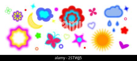 Farbenfrohe y2k-Formen – leuchtende Neonblumen, Schmetterling, Sonne und Mond, Sterne und Herzen mit Unschärfeeffekt. Helle Retro Elements Kollektion in der Ästhetik der 2000er Jahre mit leuchtenden Verläufen und sanftem Glanz. Stock Vektor