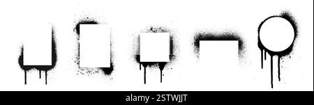 Schwarze Sprühschablonen isoliert auf weißem Hintergrund. Vektor-realistische Illustration von rechteckigen, quadratischen, runden Farbspritzer-Rahmen, Airbrush-Silhouette, grungy Street Art Rahmen mit Tintentropfen Stock Vektor