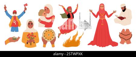 Gruppe von Menschen während traditioneller muslimischer Feiertage. Muttertag, Frauentag, Novruz-Festival, Henna-Nacht, Eid al Fitr Mubarak-Feier, Kinder Stock Vektor