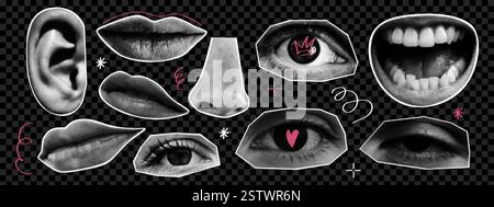 Collage Halbtonaugen, Lippen und Ohr mit naiven Doodle-Elementen. Gepunktete Pop-Art-Optik. Zeitgenössische Vektorillustration Stock Vektor
