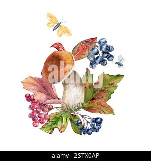 Pilze mit orangen Kappen und roten Herbstblättern Ahorn in Aquarellzusammensetzung isoliert. Rowan, Viburnum, schwarze Apfelbeere mit Schmetterling bemalt Stockfoto