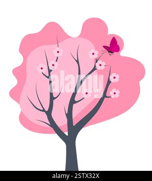 Wunderschöner Sakura-Baum in voller Blüte mit zarten rosa Blüten und einem Schmetterling, der im Frühling in der Nähe flattert Stock Vektor