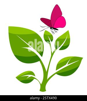 Hellrosa Schmetterling, der auf grünen Blättern in einer einfachen Vektorillustration ruht, die die Schönheit und Ruhe der Natur darstellt Stock Vektor