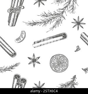 Nahtloses Muster mit Zutaten für Glühwein. Vektorgrafik. Zimt, Anis, Orange und Tannenzweig isoliert auf weißem Hintergrund Stock Vektor