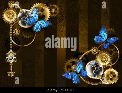 Konzeptionelles Design mit glänzenden Messingzahnrädern, antiken, gebrochenen Gläsern und blauen Morphidschmetterlingen auf braunem, gestreiftem Steampunk-Hintergrund. S Stock Vektor