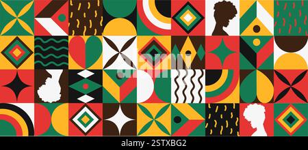 Farbenfrohe geometrische Muster, die schwarze Geschichte in lebendigem Stil zelebrieren, Vektorillustration Stock Vektor