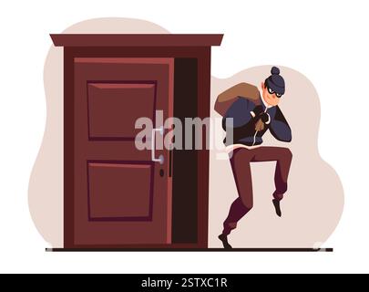 Der Dieb hat die Wohnung ausgeraubt. Männlicher krimineller Charakter in Maske, der mit Beute entkommt. Der Bandit stiehlt und trägt eine schwere Tasche mit gestohlenen Dingen, läuft achtern davon Stock Vektor