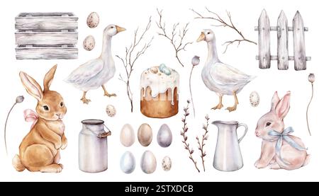 Großes Paket Osterdesign mit Häschen, bemalten Eiern, Osterkuchen, Weide und ohne Blätter Zweige, Holzkiste und Bretter, Dose, Kanne, Gänse, Mohn Stockfoto