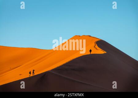 Silhouetten von Menschen, die bei Sonnenaufgang die Big Daddy Sanddüne erklimmen, in Sossusvlei, im Namib Naukluft Nationalpark, in der landschaftlich reizvollen Landschaft Namibias, in Afrika Stockfoto