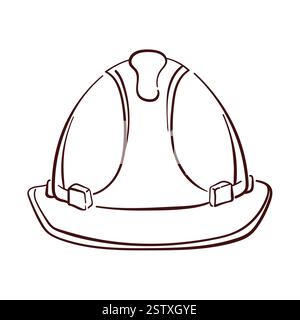 Logo für den Bausicherheitshelm im Line-Art-Stil. Handgezeichnetes Industriedesign für Eisenwarengeschäft, isoliert auf weißem Hintergrund. Stock Vektor