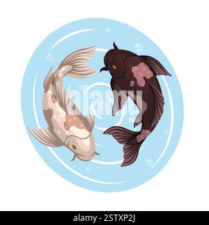 Schwarz-weißer Koi-Fisch. Japanische Karpfen, traditionelle asiatische Goldfische. Orientalische Kreaturen in dekorativen Teichen. Emblem, Etikett oder Druck, Glückssymbol. Ca Stock Vektor
