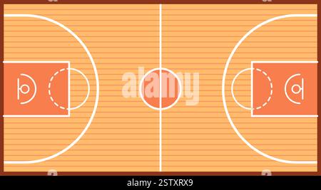 Basketballfeld, Draufsicht. Leeres Holzfeld und Markierungslinien, Sportwettbewerb und Turnier, Meisterschaftsstadion darüber. Spielbereich. Außenanschluss Stock Vektor