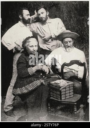 Porträt der Familie Curie. Links nach rechts stehend, Jacques, Pierre (1859-1908) französischer Chemiker, sitzend, Frau Curie und Dr. Eugene Curie - Historisches Dokument, Fotograf unbekannt Stockfoto