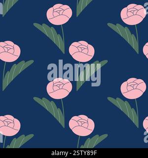 Nahtloses Pfingstrosenmuster. Blume von rosa Pfingstrose auf dunkelblauem Hintergrund. Doodle-STYLE. Handgezeichnete Vektortextur. Stock Vektor