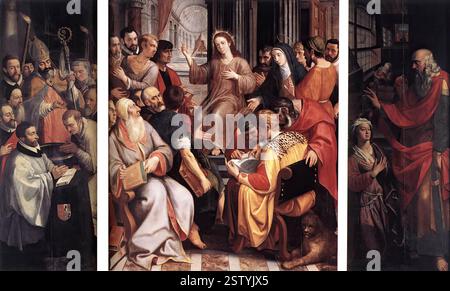 FRANCKEN, Frans II (* 1542, Antwerpen, d. 1616, Antwerpen) Jesus unter den Ärzten 1587 Öl auf Holz, 250 x 220 cm (Mittelplatte), 250 x 97 cm (Flügel) O.-L. Vrouwekathedraal, Antwerpen nach der Wiederherstellung der spanischen Herrschaft und des katholischen Gottesdienstes in Antwerpen im Jahr 1585 befahlen die Stadtväter den Handwerkern und Zünften, ihre Altäre in der Kathedrale wieder zu installieren. Zu den ersten, die darauf antworteten, gehörten die Schulmeister und die Seifenkessel, die sich einen Altar in der Kirche teilten. Sie beauftragten Frans Francken, ein Triptychon zu malen, das Jesus unter den Ärzten zeigt. (Der linke Flügel zeigt die Taufe des heiligen Ambrosius Stockfoto