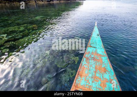 Banca schwimmt auf klarem Flachwasser mit sichtbaren Korallen an einem beliebten Tauchplatz in Busuanga, Philippinen Stockfoto