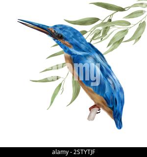 Eisvogel hockte auf einem Ast zwischen grünen Ästen. Digitale Illustration mit Aquarell. Hellblauer Vogel mit orangefarbener Brust und langem Schnabel isoliert o Stockfoto