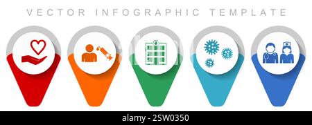 Medizinische Zeigersammlung, verschiedene Symbole wie Arzt, Krankenschwester, Krankenhaus, Hilfe und Grippe, flache Design-Vektor-Infografik-Vorlage in eps 10 Stock Vektor