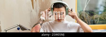 Eine junge Frau tauchte in ihre Gedanken ein und trug Kopfhörer, während sie sich in einem Café entspannte. Stockfoto