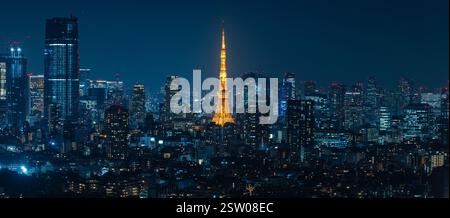 Nächtlicher Blick auf Tokio und Tokio Tower von der Sky Lounge des Ebisu Garden Place Tower in Shibuya-ku, Tokio, Japan Stockfoto
