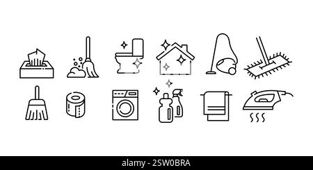 Symbol für Reinigungshygiene in dünner Linienart gesetzt Stock Vektor