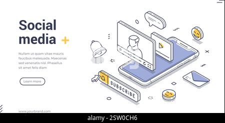Soziale Medien Moderne isometrische Zeilenart Webbanner Vorlage. Social-Media-Aktivitäten. Smartphone mit Symbolen wie Benachrichtigungen, einer Abonnementschaltfläche, Stock Vektor