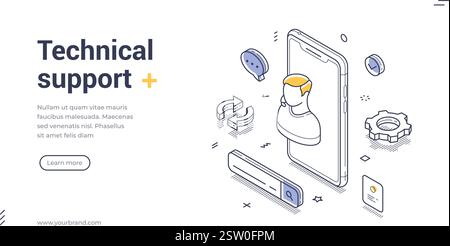 Online-Unterstützung für den technischen Support, die eine Figur zeigt, die aus einem Smartphone entsteht und von verschiedenen technischen Symbolen umgeben ist. Modernes isometrisches Line Art Web Stock Vektor