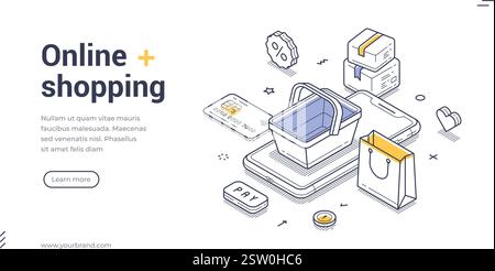 Online-Shopping Moderne isometrische Zeilenart Webbanner Vorlage. Online-Bestellung von Lebensmitteln und Paketzustellungen. Warenkorb, Smartphone, Zahlungs-ico Stock Vektor
