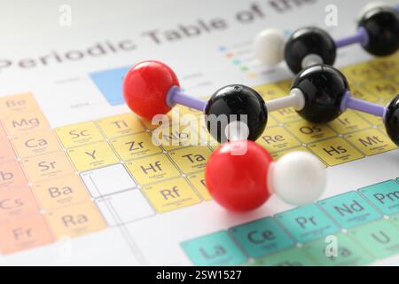 Vitamin-C-Molekül auf Periodensystem, Nahaufnahme und Textraum. Chemisches Modell Stockfoto