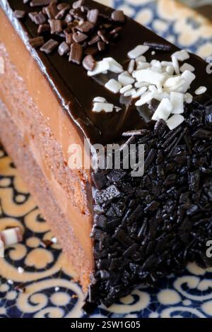 Ein dekadenter Schokoladenkuchen, reich überlagert und großzügig mit Schokoladenspänen und Streuseln geschmückt Stockfoto