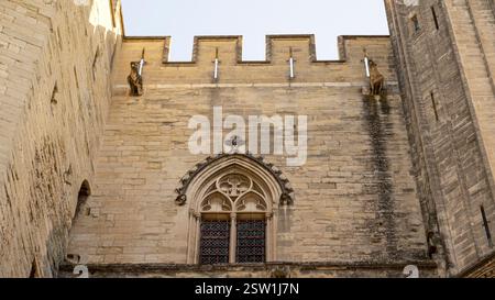 Architektonisches Merkmal im gotischen Stil des Papstpalais in Avignon, Frankreich Stockfoto
