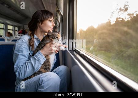 Lächelnde Frau mit Katze, die im Zug reitet, aus dem Fenster blickt, die späte Fahrt bei Sonnenuntergang genießt Stockfoto