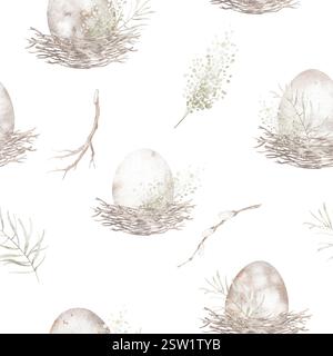Nest mit Ei Aquarell nahtlose Ostermuster. Osterhintergrund mit Waldelementen, Zweigen für Geschenkpapier oder Textildesign. Süßes Ostern Stockfoto