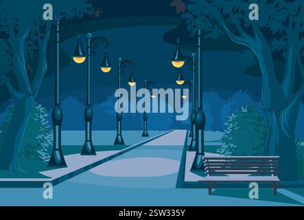 Alte Laternen im Stadtpark. Dekorative Vintage-Lampen. Nächtliche urbane Landschaft. Retro-Straßenlaternen. Straße mit Straßenlaternen. Bäume und Bank. Nächtliche ci Stock Vektor