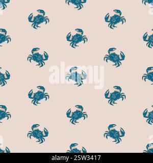 Blaue Krabben auf Beige Küstenschifffahrtsmuster. Handgezeichnete blaue Krabben auf beigefarbenem Hintergrund schaffen ein nautisches, von der Küste inspiriertes Design. Perfekt für Stock Vektor