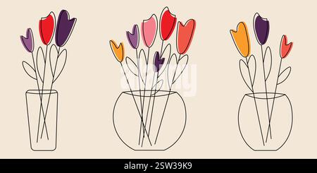 Minimalistische Blumenkunst mit bunten Tulpen in Glasvasen Stock Vektor