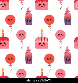 Niedliches Geburtstagsmuster mit lächelnden Kuchen, Ballons und Cupcakes Stock Vektor