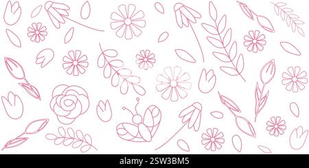 Pinkfarbene Blumenillustrationen mit Blumen, Blättern und einem Schmetterling Stock Vektor